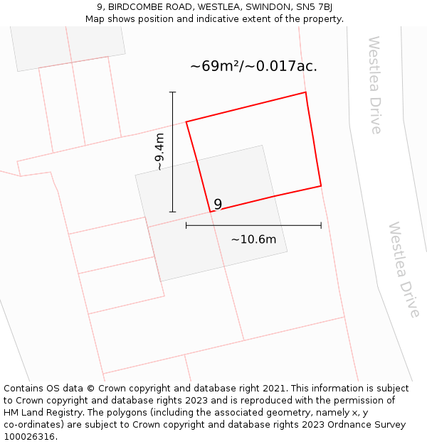 9, BIRDCOMBE ROAD, WESTLEA, SWINDON, SN5 7BJ: Plot and title map