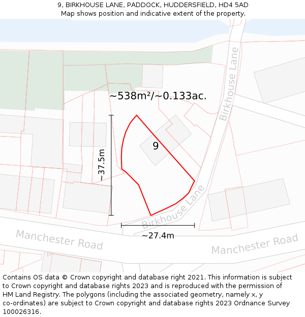 9, BIRKHOUSE LANE, PADDOCK, HUDDERSFIELD, HD4 5AD: Plot and title map