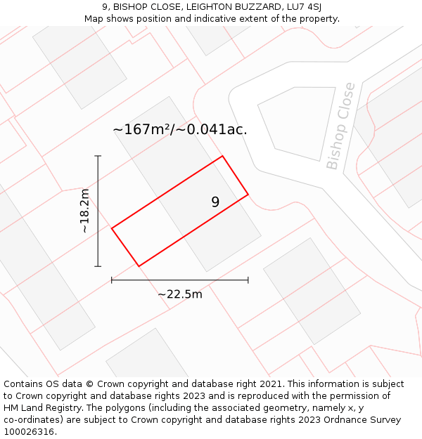 9, BISHOP CLOSE, LEIGHTON BUZZARD, LU7 4SJ: Plot and title map