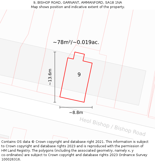 9, BISHOP ROAD, GARNANT, AMMANFORD, SA18 1NA: Plot and title map