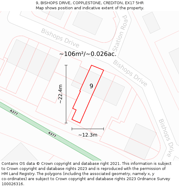 9, BISHOPS DRIVE, COPPLESTONE, CREDITON, EX17 5HR: Plot and title map