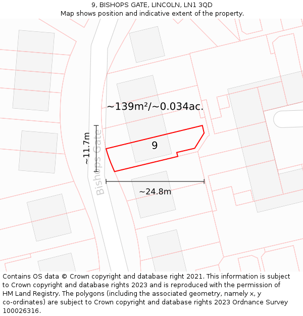 9, BISHOPS GATE, LINCOLN, LN1 3QD: Plot and title map