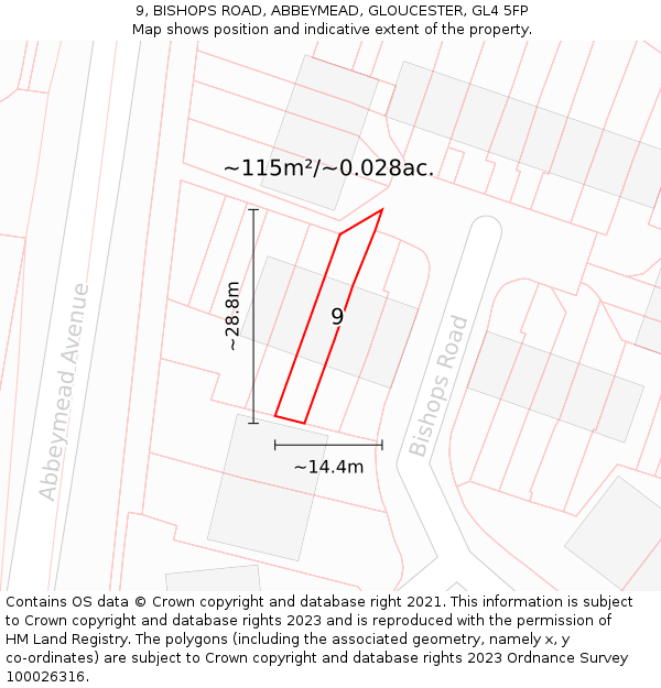 9, BISHOPS ROAD, ABBEYMEAD, GLOUCESTER, GL4 5FP: Plot and title map