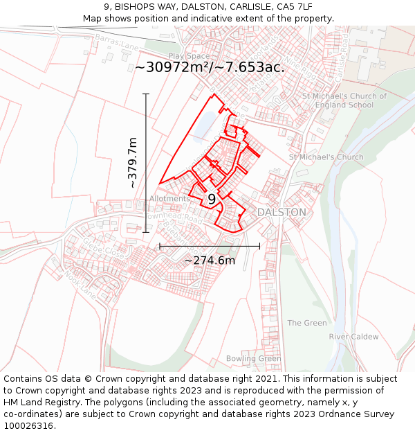 9, BISHOPS WAY, DALSTON, CARLISLE, CA5 7LF: Plot and title map