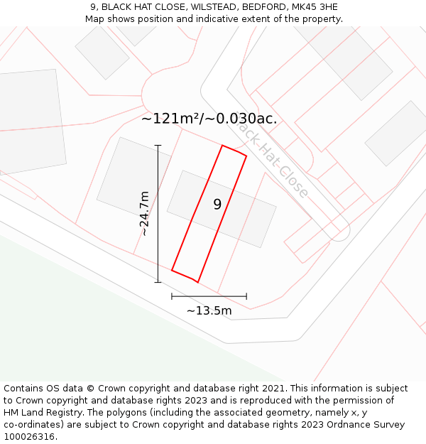 9, BLACK HAT CLOSE, WILSTEAD, BEDFORD, MK45 3HE: Plot and title map
