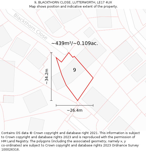 9, BLACKTHORN CLOSE, LUTTERWORTH, LE17 4UX: Plot and title map