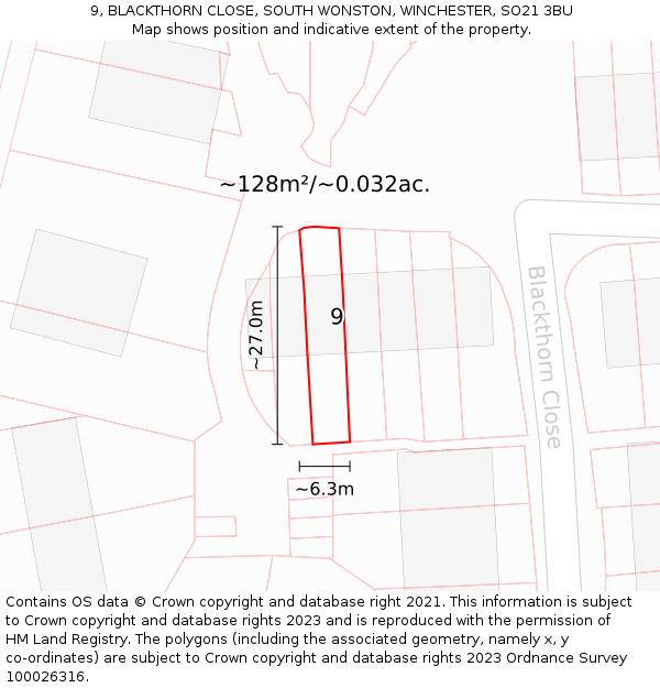 9, BLACKTHORN CLOSE, SOUTH WONSTON, WINCHESTER, SO21 3BU: Plot and title map