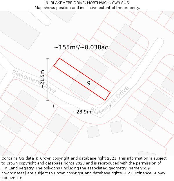 9, BLAKEMERE DRIVE, NORTHWICH, CW9 8US: Plot and title map