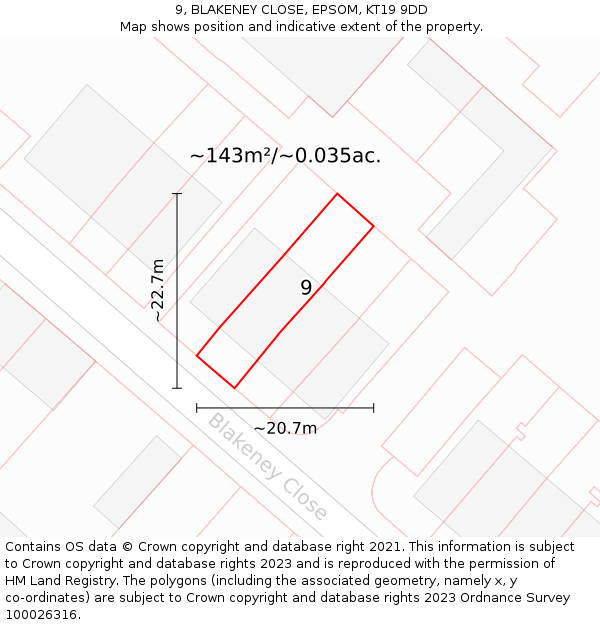 9, BLAKENEY CLOSE, EPSOM, KT19 9DD: Plot and title map