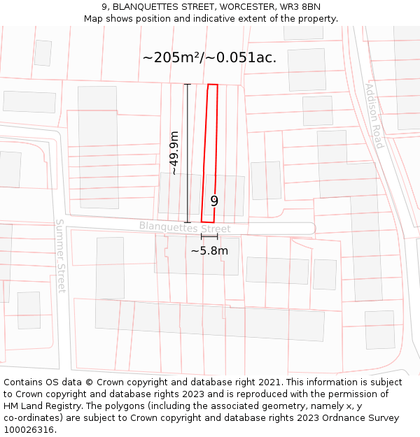 9, BLANQUETTES STREET, WORCESTER, WR3 8BN: Plot and title map