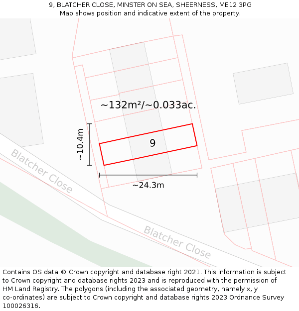 9, BLATCHER CLOSE, MINSTER ON SEA, SHEERNESS, ME12 3PG: Plot and title map