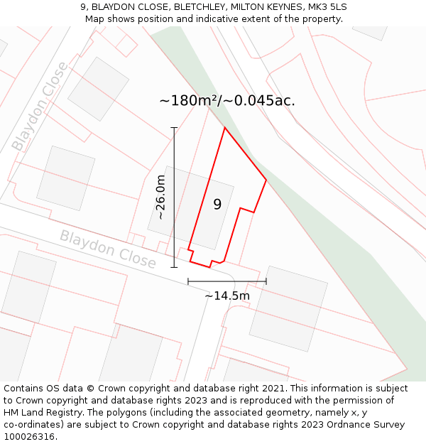 9, BLAYDON CLOSE, BLETCHLEY, MILTON KEYNES, MK3 5LS: Plot and title map