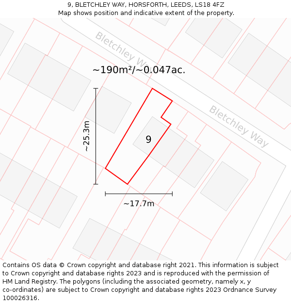 9, BLETCHLEY WAY, HORSFORTH, LEEDS, LS18 4FZ: Plot and title map