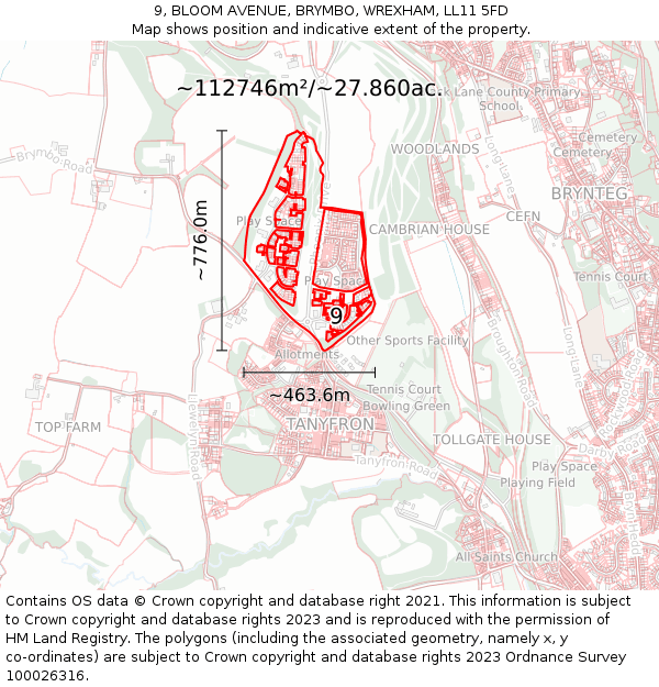 9, BLOOM AVENUE, BRYMBO, WREXHAM, LL11 5FD: Plot and title map