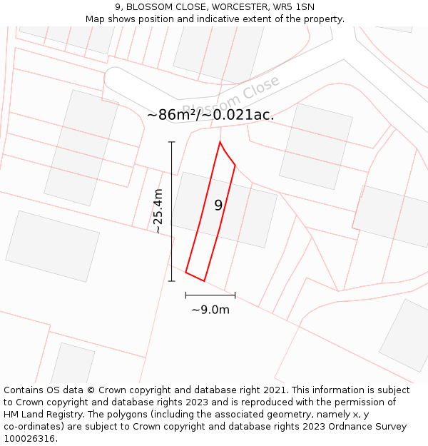 9, BLOSSOM CLOSE, WORCESTER, WR5 1SN: Plot and title map
