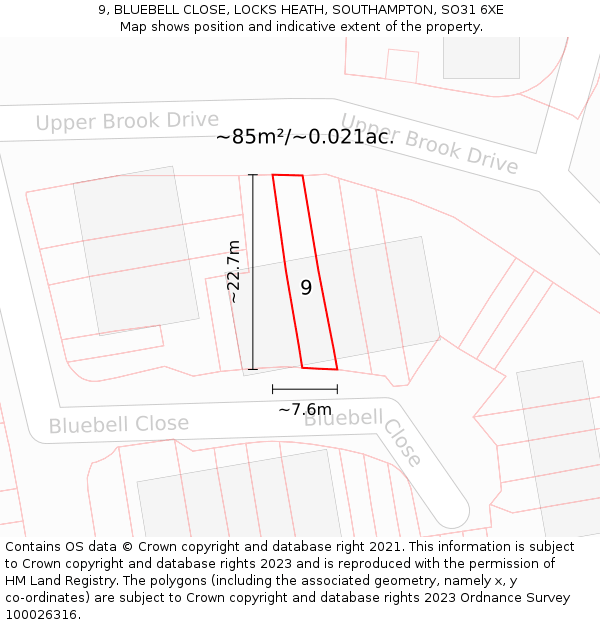 9, BLUEBELL CLOSE, LOCKS HEATH, SOUTHAMPTON, SO31 6XE: Plot and title map