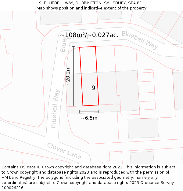 9, BLUEBELL WAY, DURRINGTON, SALISBURY, SP4 8FH: Plot and title map