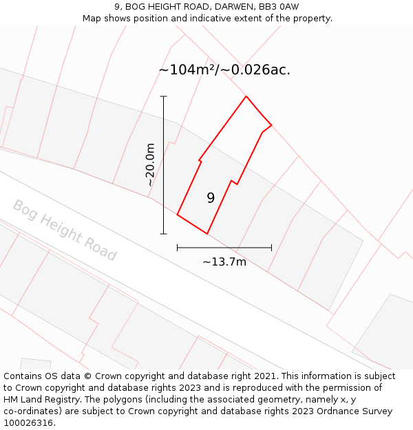 9, BOG HEIGHT ROAD, DARWEN, BB3 0AW: Plot and title map