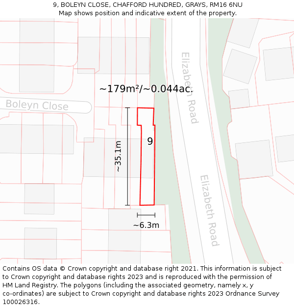 9, BOLEYN CLOSE, CHAFFORD HUNDRED, GRAYS, RM16 6NU: Plot and title map