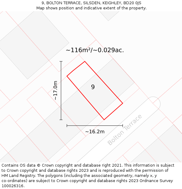9, BOLTON TERRACE, SILSDEN, KEIGHLEY, BD20 0JS: Plot and title map