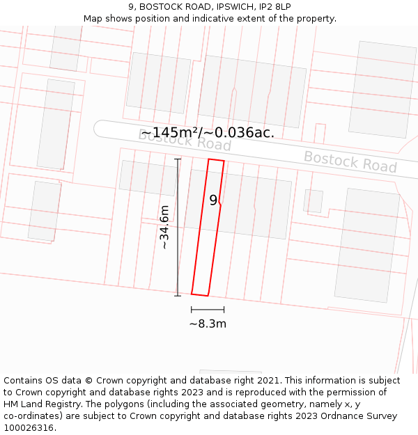 9, BOSTOCK ROAD, IPSWICH, IP2 8LP: Plot and title map