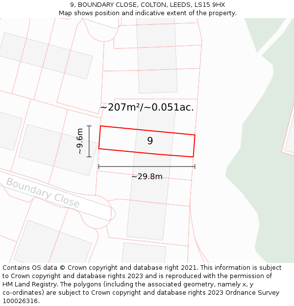 9, BOUNDARY CLOSE, COLTON, LEEDS, LS15 9HX: Plot and title map