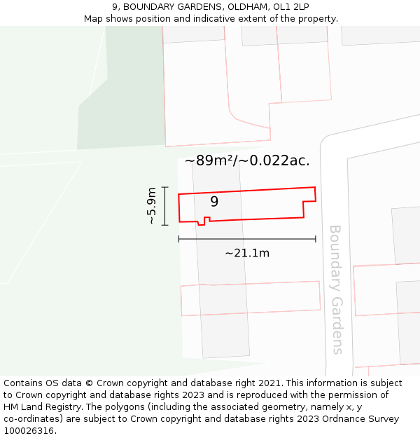 9, BOUNDARY GARDENS, OLDHAM, OL1 2LP: Plot and title map