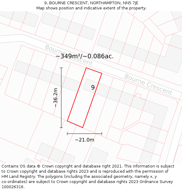 9, BOURNE CRESCENT, NORTHAMPTON, NN5 7JE: Plot and title map