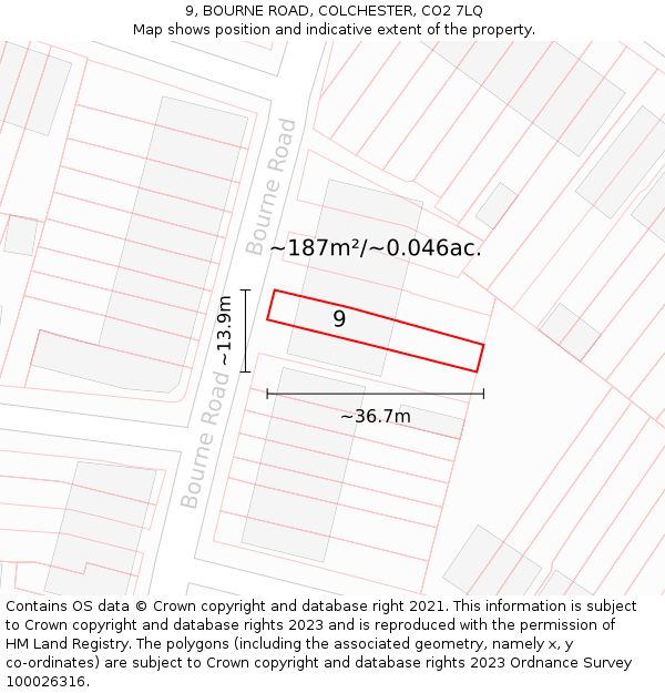9, BOURNE ROAD, COLCHESTER, CO2 7LQ: Plot and title map