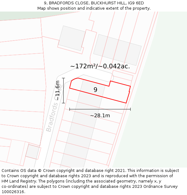 9, BRADFORDS CLOSE, BUCKHURST HILL, IG9 6ED: Plot and title map