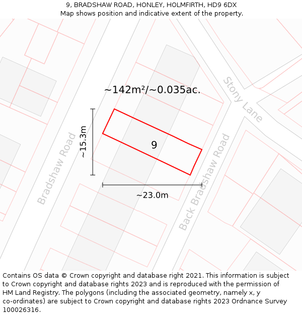 9, BRADSHAW ROAD, HONLEY, HOLMFIRTH, HD9 6DX: Plot and title map
