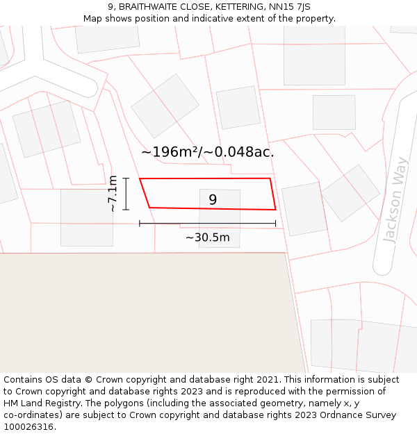 9, BRAITHWAITE CLOSE, KETTERING, NN15 7JS: Plot and title map