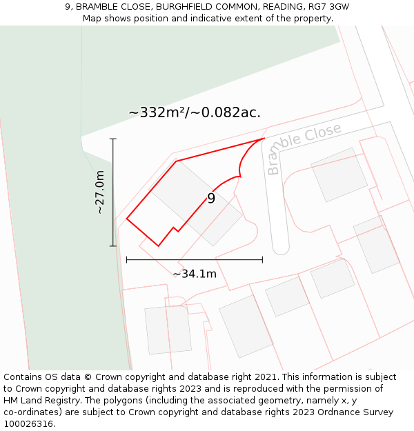 9, BRAMBLE CLOSE, BURGHFIELD COMMON, READING, RG7 3GW: Plot and title map