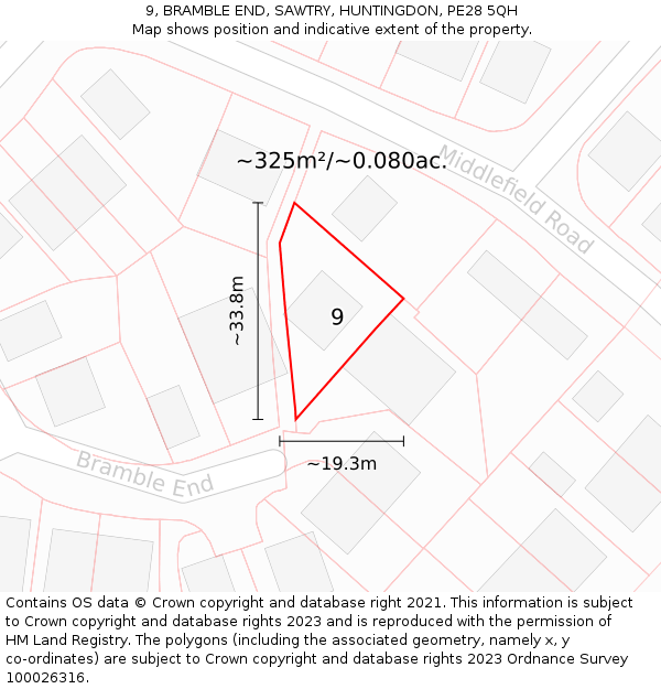 9, BRAMBLE END, SAWTRY, HUNTINGDON, PE28 5QH: Plot and title map