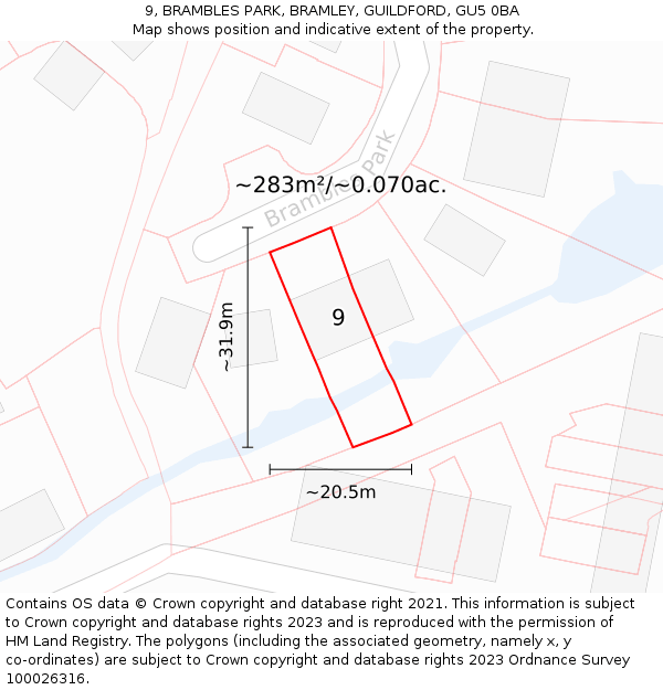 9, BRAMBLES PARK, BRAMLEY, GUILDFORD, GU5 0BA: Plot and title map