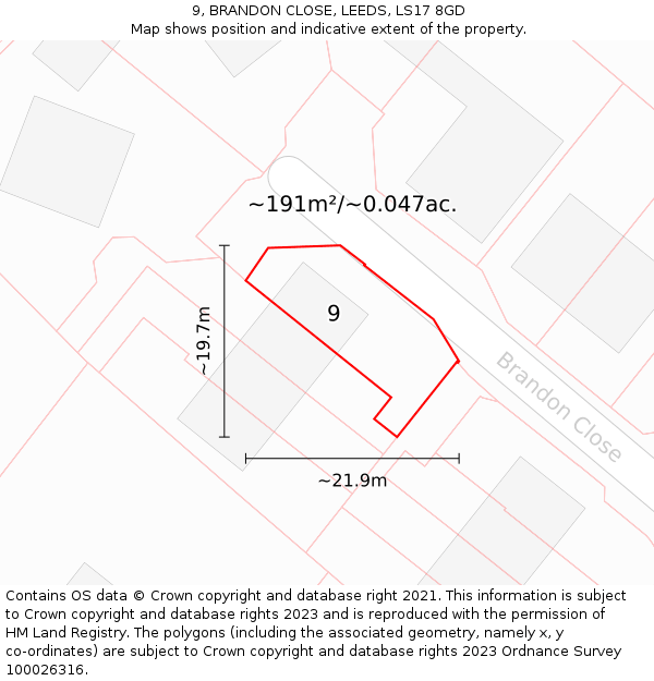 9, BRANDON CLOSE, LEEDS, LS17 8GD: Plot and title map