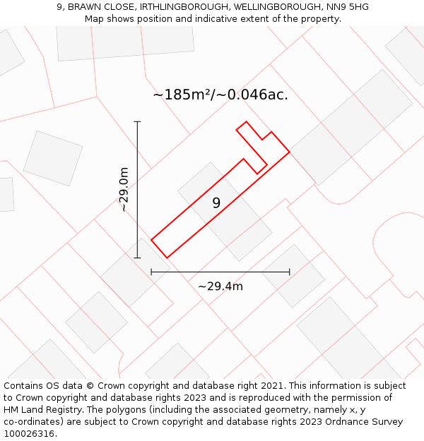 9, BRAWN CLOSE, IRTHLINGBOROUGH, WELLINGBOROUGH, NN9 5HG: Plot and title map