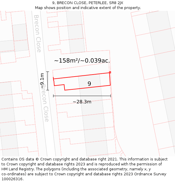 9, BRECON CLOSE, PETERLEE, SR8 2JX: Plot and title map