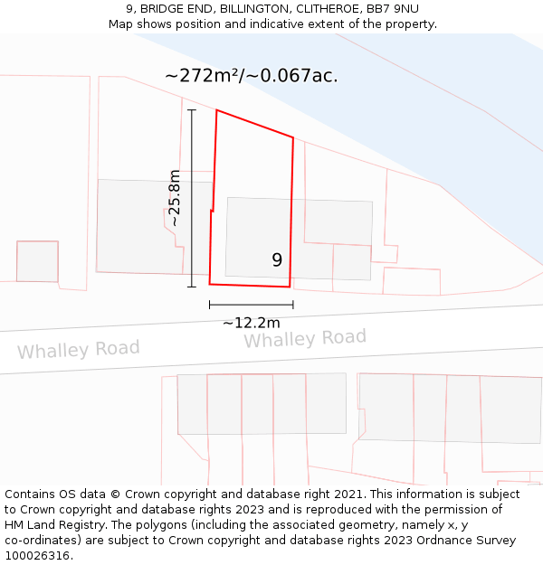 9, BRIDGE END, BILLINGTON, CLITHEROE, BB7 9NU: Plot and title map