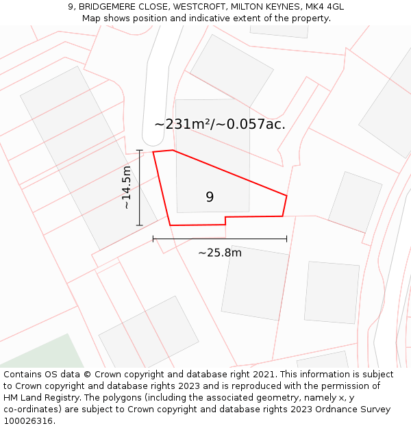 9, BRIDGEMERE CLOSE, WESTCROFT, MILTON KEYNES, MK4 4GL: Plot and title map