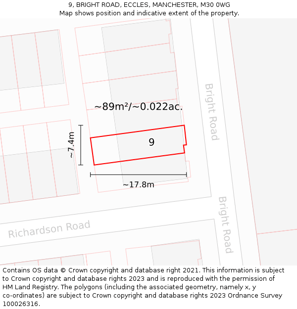 9, BRIGHT ROAD, ECCLES, MANCHESTER, M30 0WG: Plot and title map