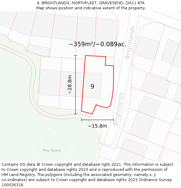 9, BRIGHTLANDS, NORTHFLEET, GRAVESEND, DA11 8TA: Plot and title map