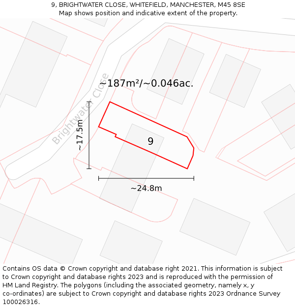 9, BRIGHTWATER CLOSE, WHITEFIELD, MANCHESTER, M45 8SE: Plot and title map