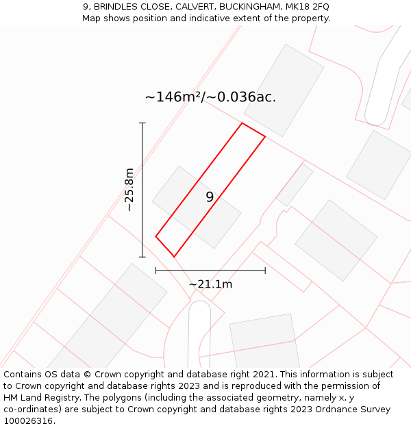9, BRINDLES CLOSE, CALVERT, BUCKINGHAM, MK18 2FQ: Plot and title map