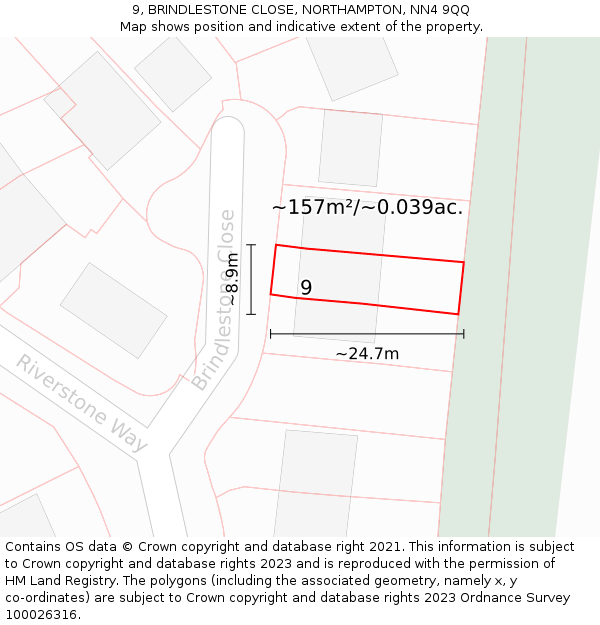 9, BRINDLESTONE CLOSE, NORTHAMPTON, NN4 9QQ: Plot and title map