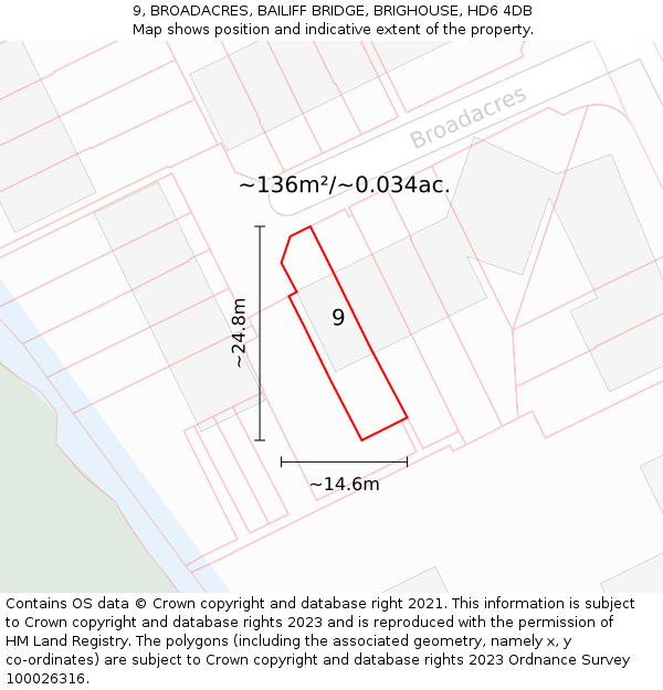 9, BROADACRES, BAILIFF BRIDGE, BRIGHOUSE, HD6 4DB: Plot and title map