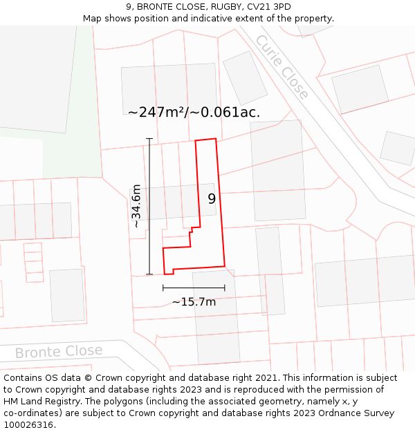 9, BRONTE CLOSE, RUGBY, CV21 3PD: Plot and title map