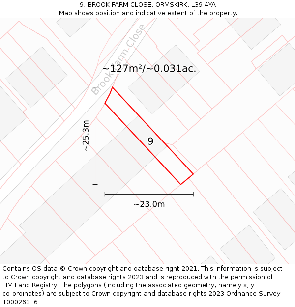 9, BROOK FARM CLOSE, ORMSKIRK, L39 4YA: Plot and title map