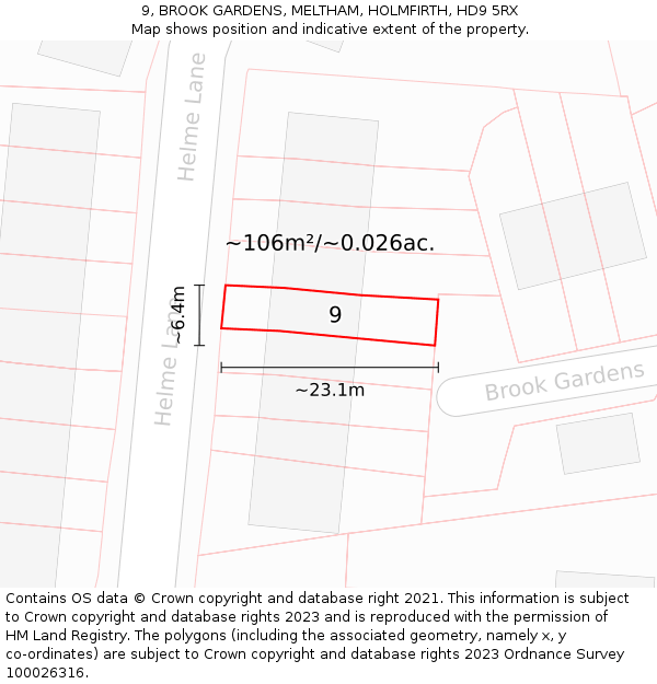 9, BROOK GARDENS, MELTHAM, HOLMFIRTH, HD9 5RX: Plot and title map