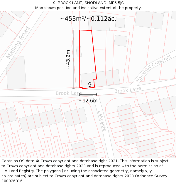 9, BROOK LANE, SNODLAND, ME6 5JS: Plot and title map